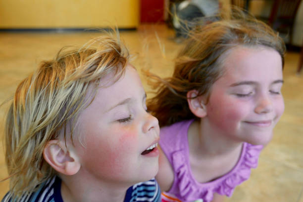 Boy and girl cooling off in front of a fan Young, Caucasian boy and girl cool off in front of a fan with expressions of relief on their faces air conditioner family stock pictures, royalty-free photos & images