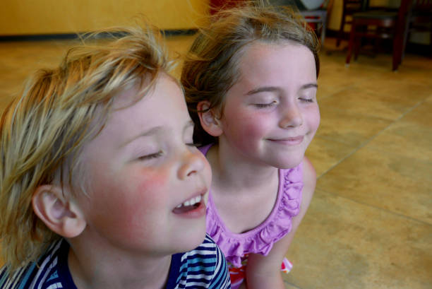Boy and girl cooling off in front of a fan Young, Caucasian boy and girl cool off in front of a fan with expressions of relief on their faces air conditioner family stock pictures, royalty-free photos & images
