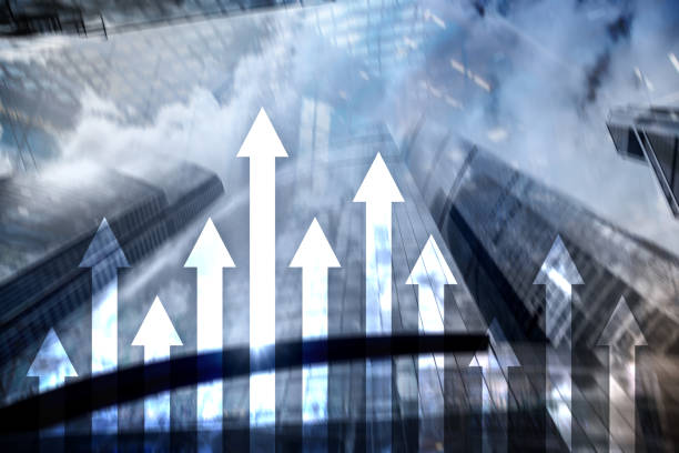 istock Up arrow graph on skyscraper background. Invesment and financial growth concept. 1065948768
