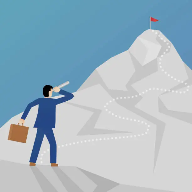 Vector illustration of Beautiful flat design business vector metaphor of a businessman climbing a mountain and looking at a peak with a binocular.