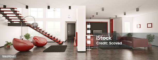Modern Apartment Interior Panorama 3d Stock Photo - Download Image Now - Apartment, Armchair, Black Color