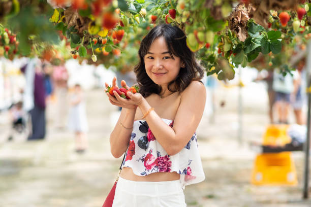 istock Young woman at a strawberry farm 1065960594