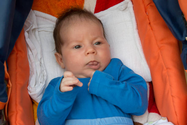 Newborn first goes for a walk in stroller
