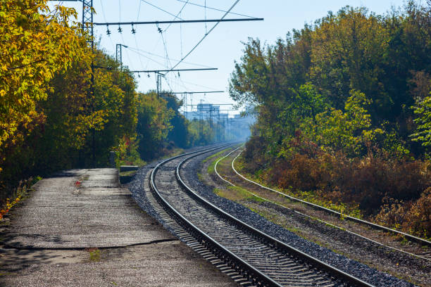 istock Railroad tracks with concrete sleepers. 1065978214