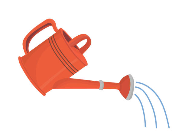 Red garden watering can Red garden watering can in use with water shower. Vector isolated object in cartoon style for your design watering can stock illustrations