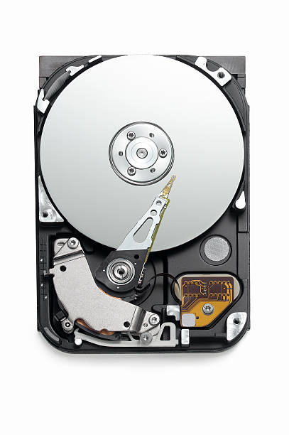 Closeup of open hard drive unit from above