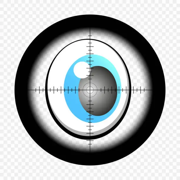 Vector illustration of Cartoon eyes with sniper optical sight. Eyes looking for target. At gunpoint. View through the sight of a hunter rifle on an isolated transparent background. EPS 10.