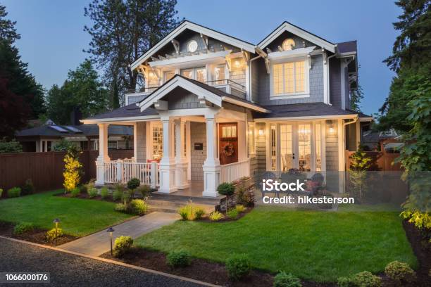 Beautiful Luxury Home Exterior At Twilight Stock Photo - Download Image Now - House, Outdoors, Residential Building