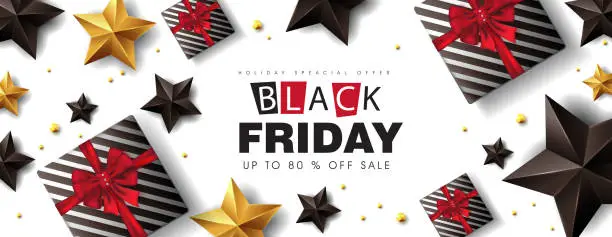 Vector illustration of Black friday sale banner layout design template with gift box , black and gold stars. Vector illustration