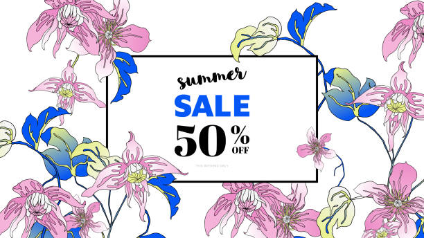 Botanical summer sale banner template design, hand drawn Clematis alpina flowers, blue and pink tones Botanical summer sale banner template design, hand drawn Clematis alpina flowers, blue and pink tones clematis alpina stock illustrations