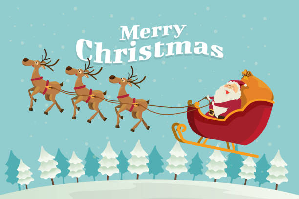 с рождеством санта клаус с оленями весело на фоне дерева. иллюстрация вектор - sleigh stock illustrations