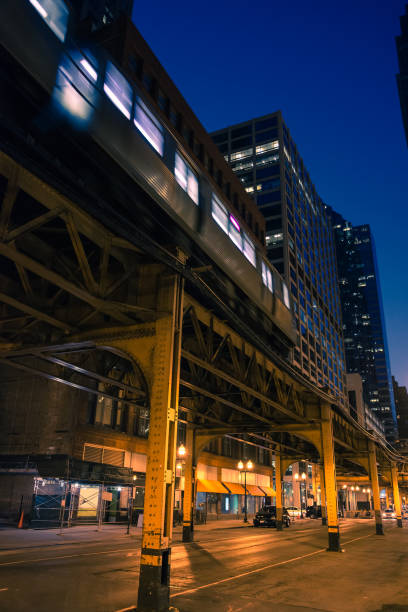 istock A CTA subway train on a vintage Chicago Loop elevated railroad bridge at night with the skyline and skyscrapers in the background 1066035226