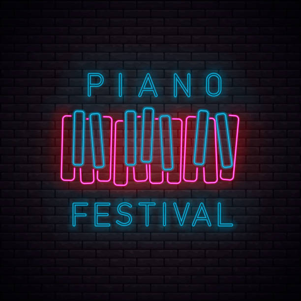 Piano symbol neon. Piano symbol neon. Piano keyboard icon. Jazz cafe is a neon sign. Restaurant, bar, party, concert. Design template. illustration. sound bars blue stock illustrations