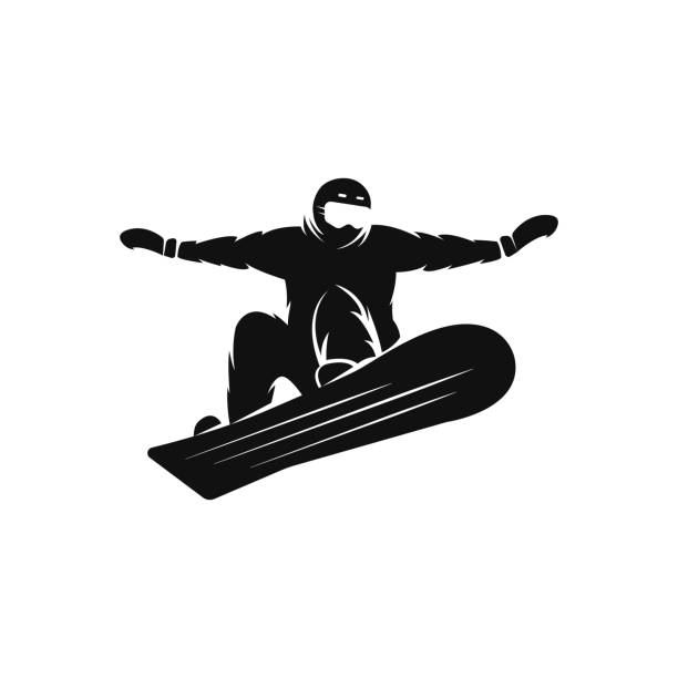 ilustraciones, imágenes clip art, dibujos animados e iconos de stock de silueta de un snowboarder en el snowboard libre jinete saltando en el aire, maqueta de insignia de deporte snowboard extremo - snowboarding