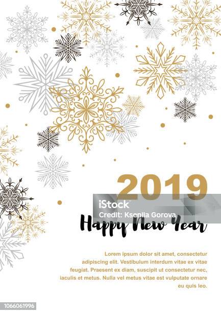 Vertical Merry Christmas And Happy New Year Greeting Card With Beautiful Golden And Black Snowflakes Christmas Design For Banners Posters Massages Announcements Space For Text Stock Illustration - Download Image Now