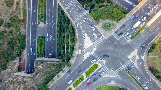 istock Multi level Highway interchange with traffic on all levels 1066065380