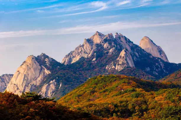 Bukhansan National Park, Sam-Kak Mt Sword-Rock. Kalbawi Park Ranger Post mountain in Autumn Seoul  South Korea