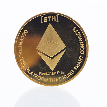 Fujian, China - May 30, 2018: Ethereum coin on white background. Ethereum is virtual currency.