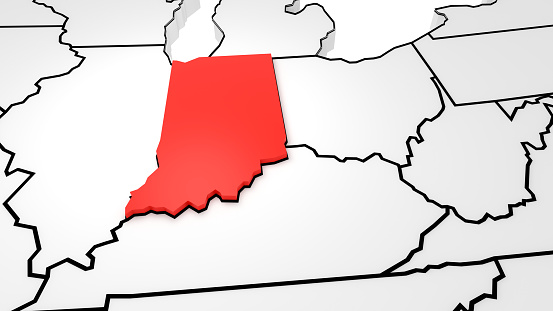 Indiana state highlighted in red on 3D map of the United States