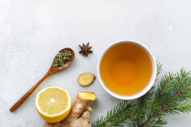 Healthy herbal tea. Top view. Winter holiday concept. stock photo
