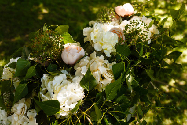 istock Florist composition with white and pale pink flowers, topview 1066088148