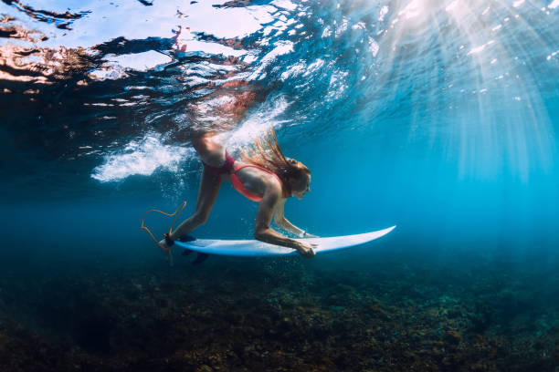 istock Surfer girl in bikini with surfboard dive underwater with under barrel ocean wave 1066088310