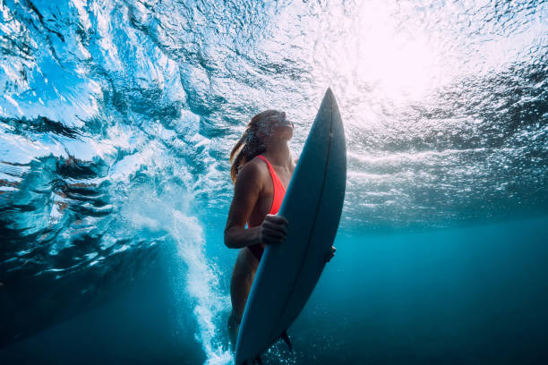 istock Attractive surfer woman dive underwater with under ocean wave. 1066088476