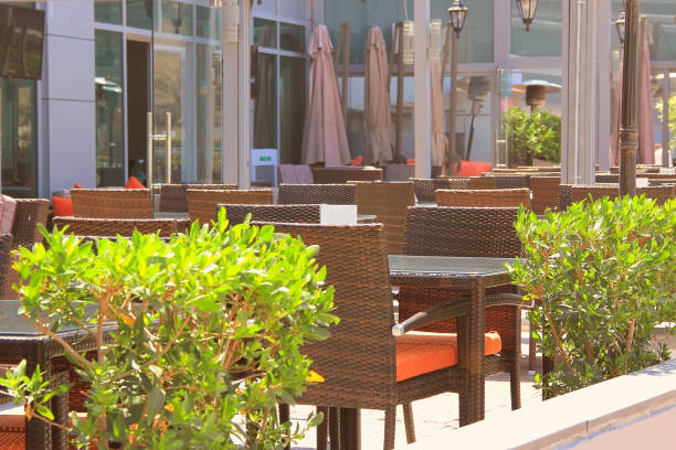summer cafe, tables and chairs, rest on a summer sunny day