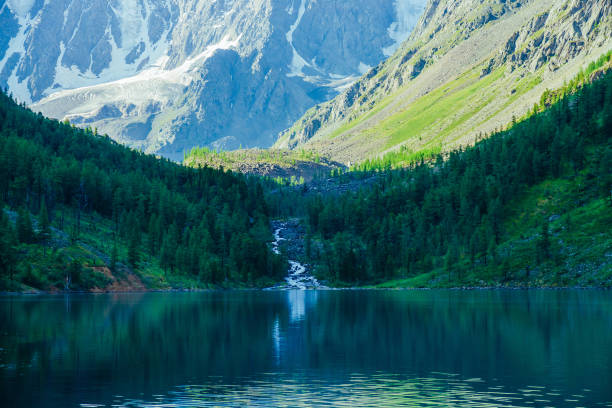 Amazing creek from glacier flows into lake. Shadow of mountains on forest. Sunny shine on water. Wonderful giant snowy mountain in morning sunlight. Atmospheric beautiful landscape of highland nature. Amazing creek from glacier flows into lake. Shadow of mountains on forest. Sunny shine on water. Wonderful giant snowy mountain in morning sunlight. Atmospheric beautiful landscape of highland nature. oregon ohio stock pictures, royalty-free photos & images