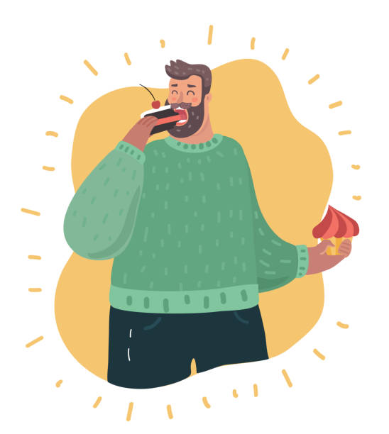 illustrazioni stock, clip art, cartoni animati e icone di tendenza di ragazzo plus size tenendo in mano torte e mangiando - man eating