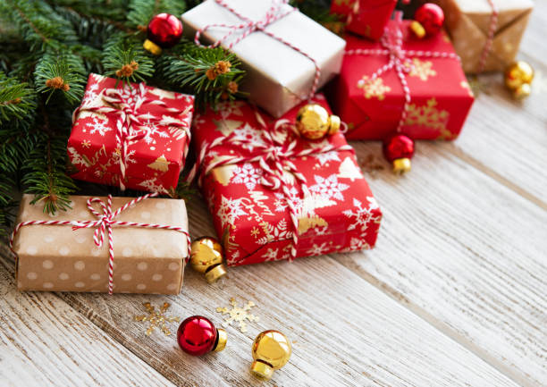 istock christmas background with decorations and gift boxes 1066103660