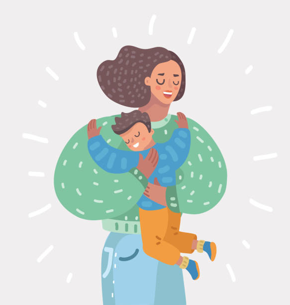 Happy mother holding son on her hands. Motherhood Happy mother holding her son on her hands. Mom hugging her boy child. Parenting. Vector cartoon illustration of in modern concept son stock illustrations