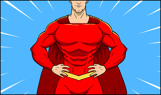 A comic book style vector illustration of a superhero closed-up to the chest. Put your text or logo on the space available.