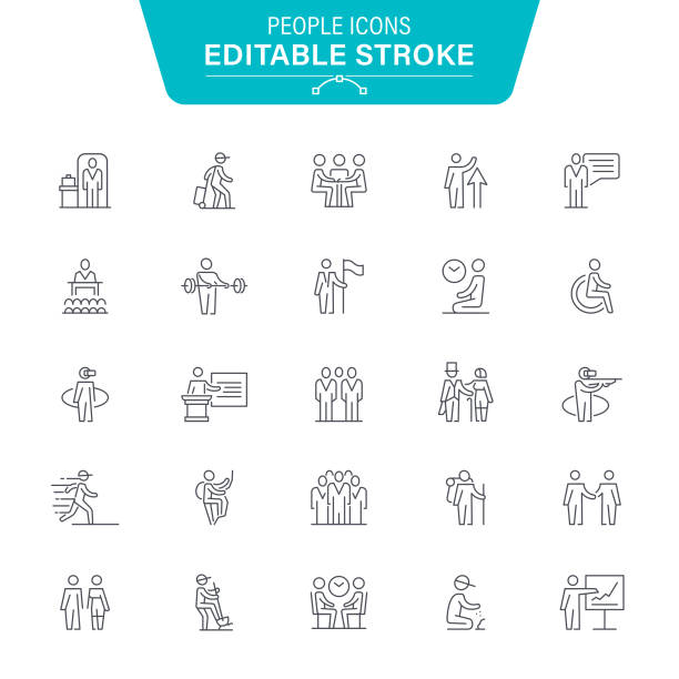 People Line Icons Active Lifestyle, Track Event, Exercising, Sport, Business, Editable Stroke Icon Set sports team icon stock illustrations