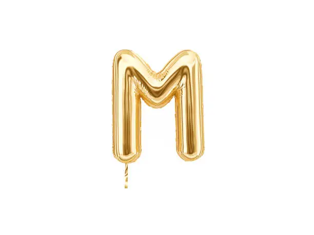 Gold foil alphabet, Letter M isolated on white background.