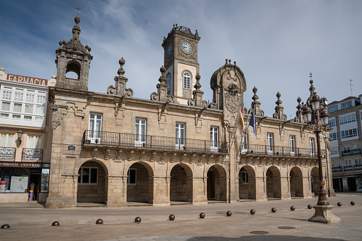 Lugo, Spain - August 28, 2018: Panoramic image of the historic townhall of Lugo on a cloudy day on August 28, 2018 in Galicia, Spain