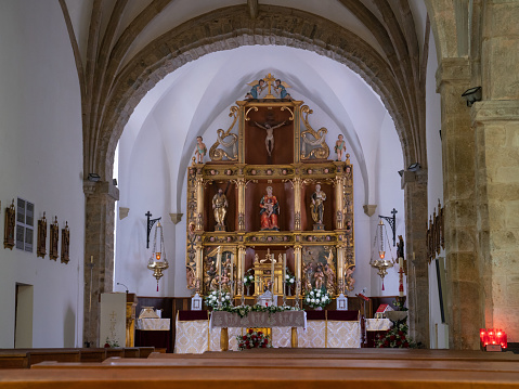 Pola de Allande, Spain - August 22, 2018: View into the Iglesia de San Andres on August 19, 2018 in Pola de Allande, Spain