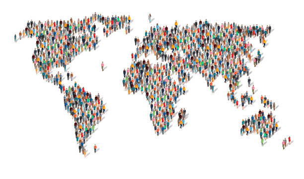 세계 지도의 형태로 사람들의 그룹 - world people stock illustrations
