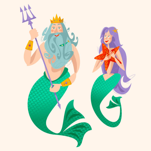 God of freshwater, sea and ocean Neptune (Poseidon) and a mermaid. God of freshwater, sea and ocean Neptune (Poseidon) and a mermaid. Vector illustration. triton greek god stock illustrations