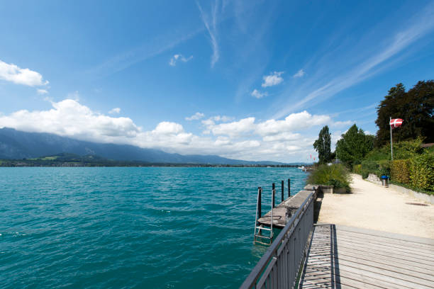 blick auf den see thun, schweiz - berne canton switzerland landscape travel stock-fotos und bilder