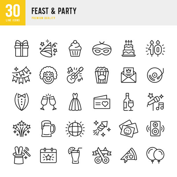 Set of 30 Feast & Party line vector icons. Gift, Cupcake, Live Music, Guitar, Invitation, Fireworks, Clown, Festival, Dance Floor, Masquerade and so on
