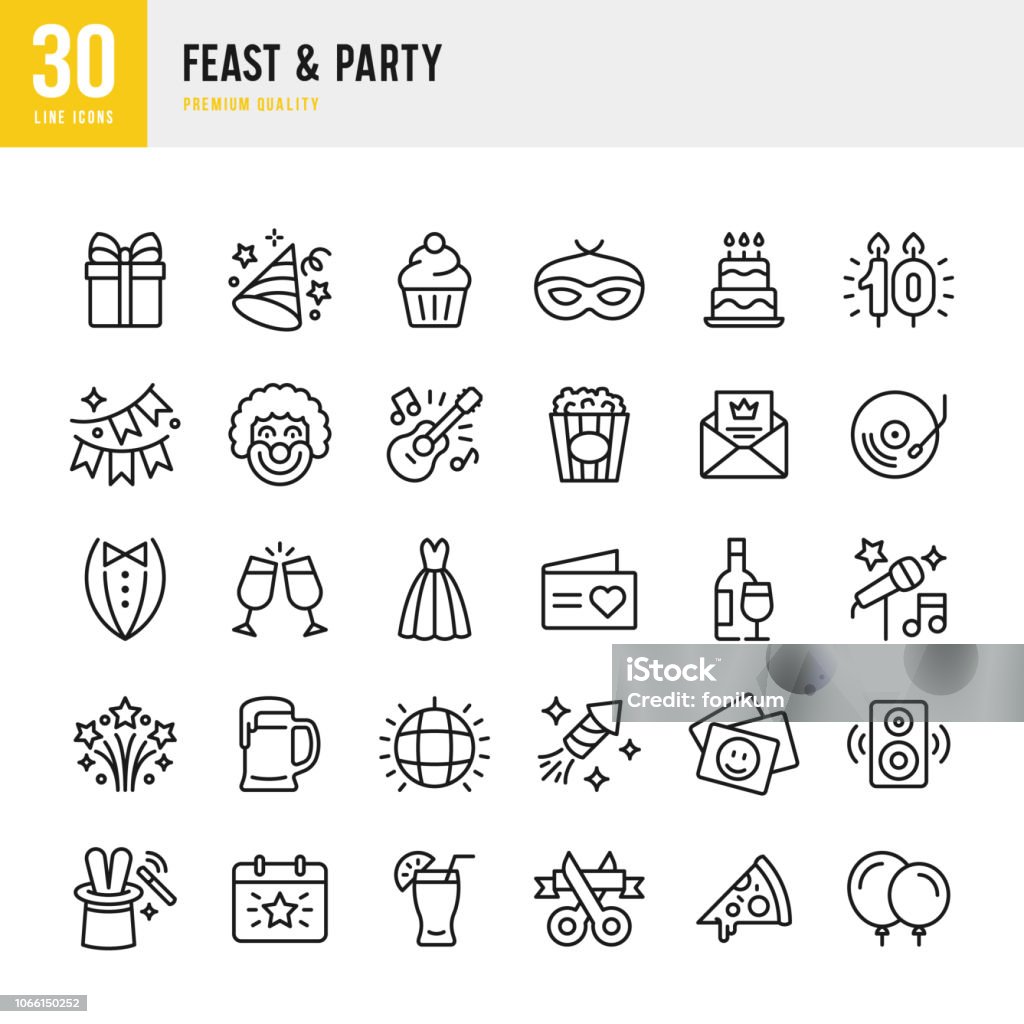 Feast & Party - set of line vector icons Set of 30 Feast & Party line vector icons. Gift, Cupcake, Live Music, Guitar, Invitation, Fireworks, Clown, Festival, Dance Floor, Masquerade and so on Icon Symbol stock vector