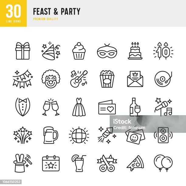 Feast Party Set Of Line Vector Icons Stock Illustration - Download Image Now - Icon Symbol, Birthday, Party - Social Event