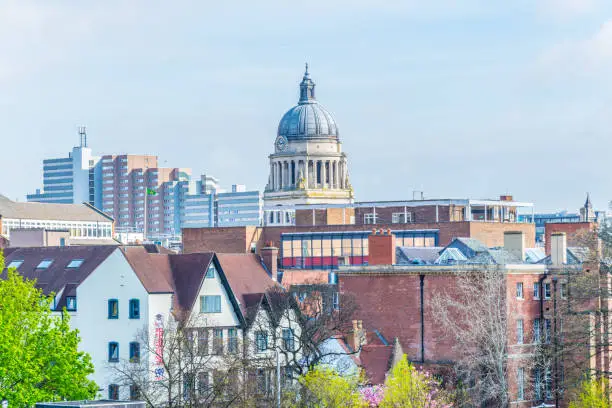 Aerial view of nottingham dominated by cupola of the town hall, England