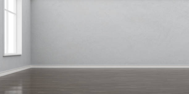 istock Stimulate image of white empty room interior and laminate wood floor with sun light cast shadow on the wall,Perspective of minimal design architecture. 3D rendering 1066155438