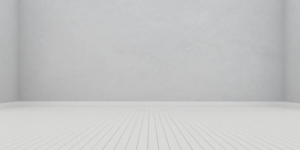 istock Stimulate image of white empty room interior and laminate wood floor with sun light cast shadow on the wall,Perspective of minimal design architecture. 3D rendering 1066155458