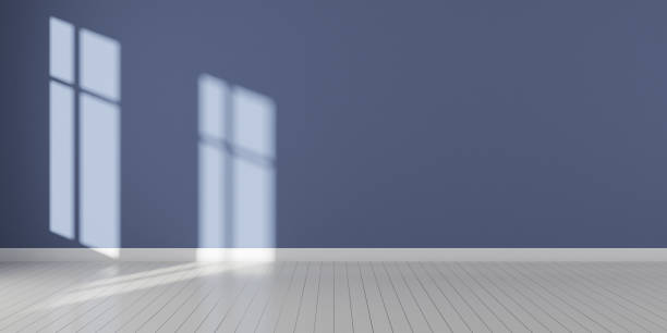 istock Stimulate image of white and blue empty room with laminate wood floor with and sun light cast shadow on the wall,Perspective of minimal design architecture. 3D rendering. 1066155476