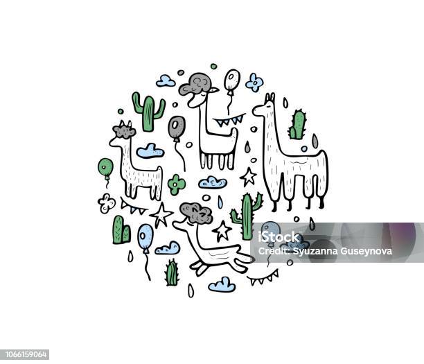 Lama Concept Vector Composition In Doodle Style Stock Illustration - Download Image Now - Alpaca, Animal, Backgrounds