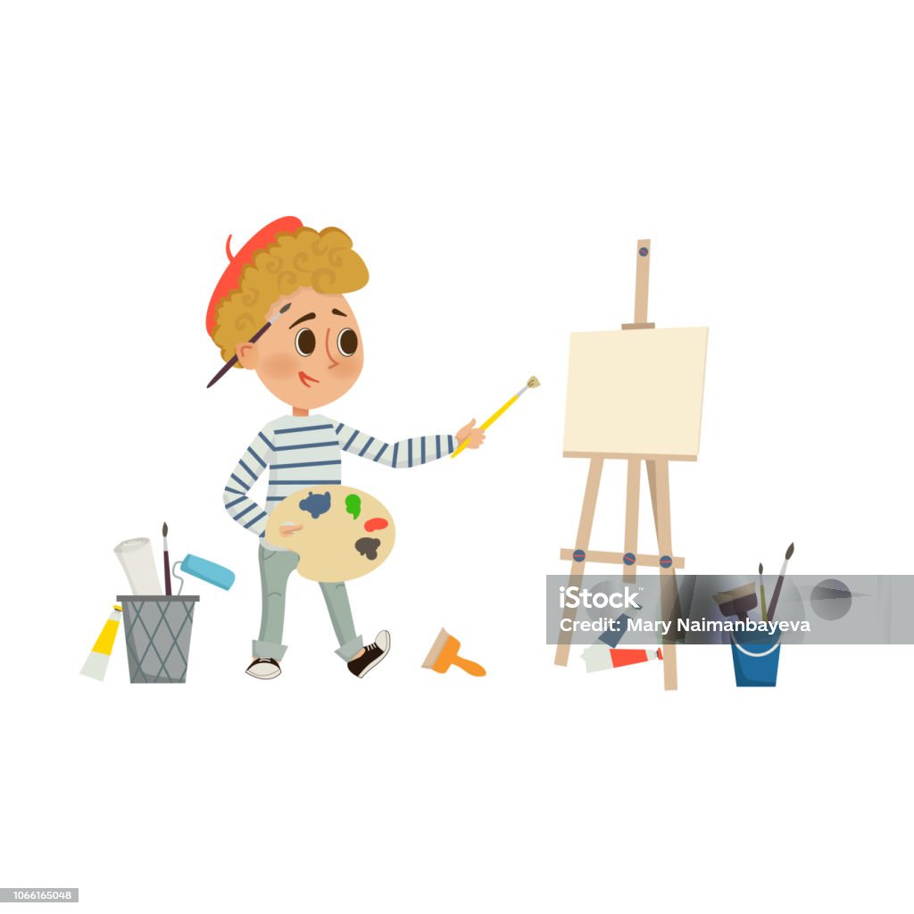 Menino com pincel artista de criança pintando personagem de