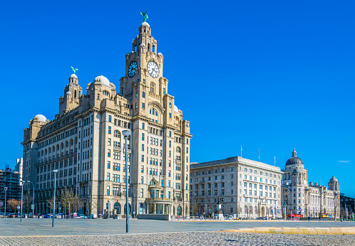 Three Graces buildings in Liverpool, England